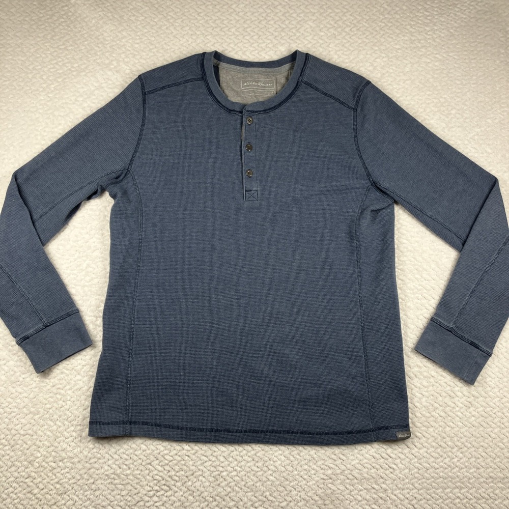 Eddie Bauer Henley Shirt Mens Large Blue Waffle Knit Long Sleeve Thermal